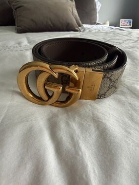 Gucci Brown GG Monogram Belt with Gold Double G Buckle